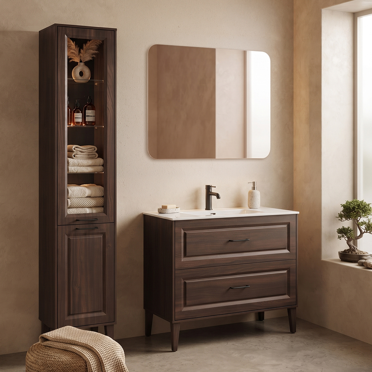 Ensemble meuble simple vasque encastrée 100cm et colonne Moka Bois foncé