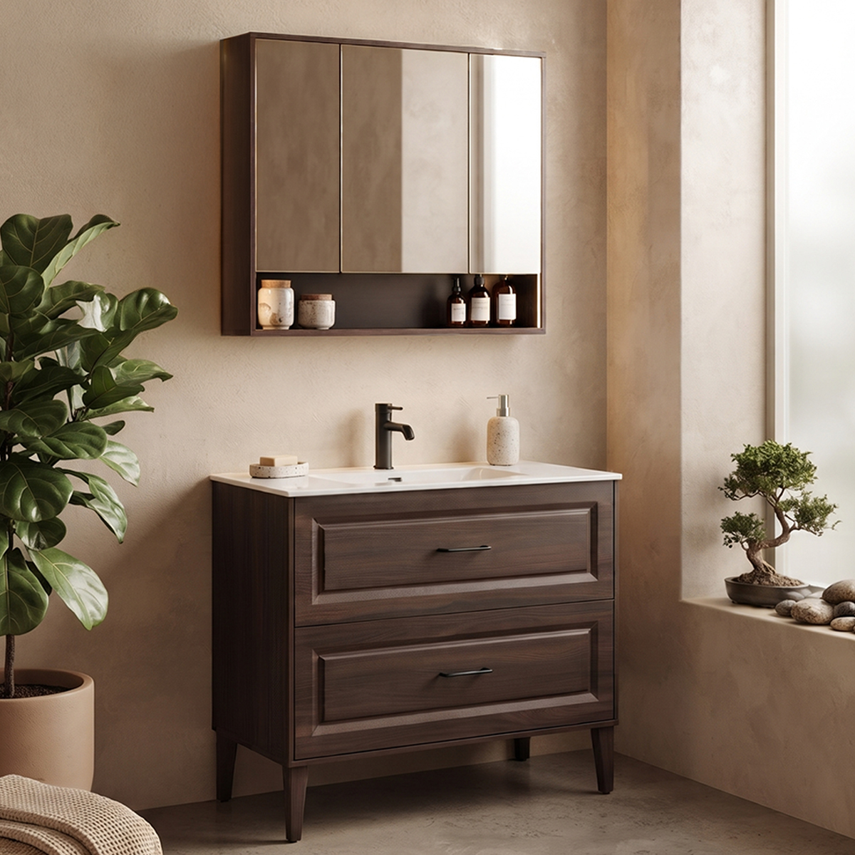 Ensemble meuble simple vasque encastrée 100cm et armoire miroir Moka Bois foncé