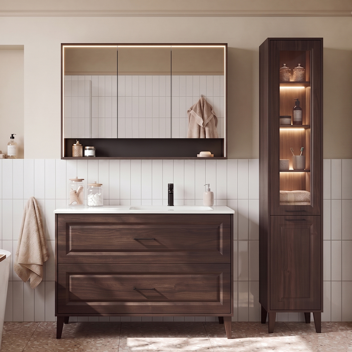 Ensemble meuble simple vasque encastrée droite 100cm colonne et armoire miroir Moka Bois foncé