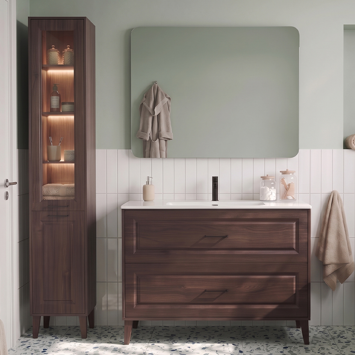Ensemble meuble simple vasque encastrée 120cm et colonne Moka Bois foncé