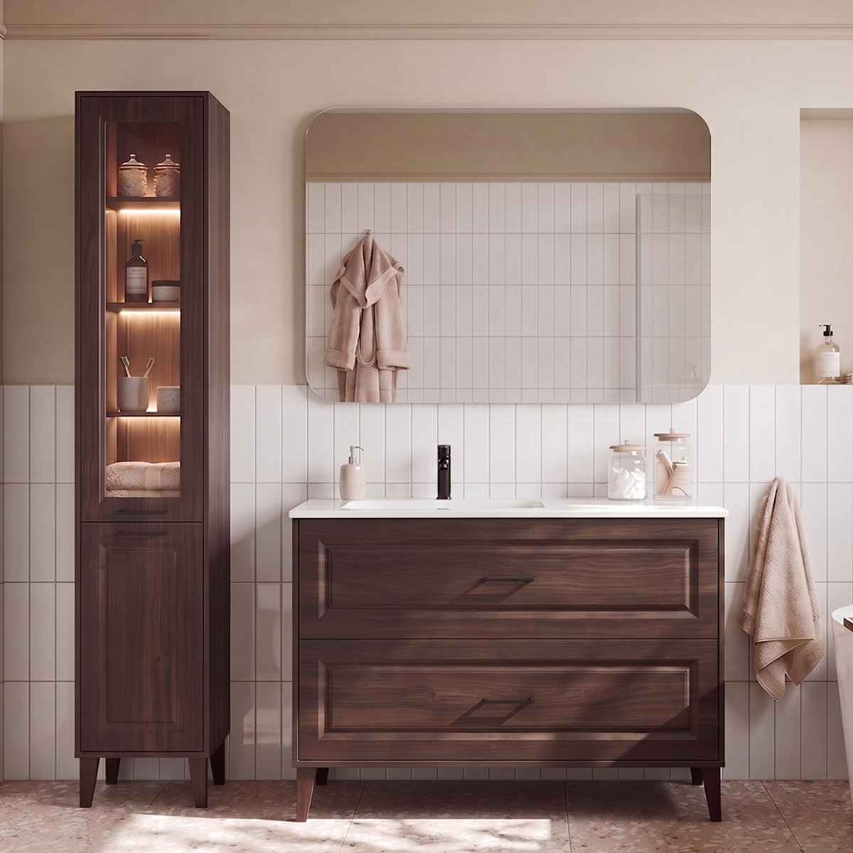 Ensemble meuble simple vasque encastrée gauche 120cm et colonne Moka Bois foncé