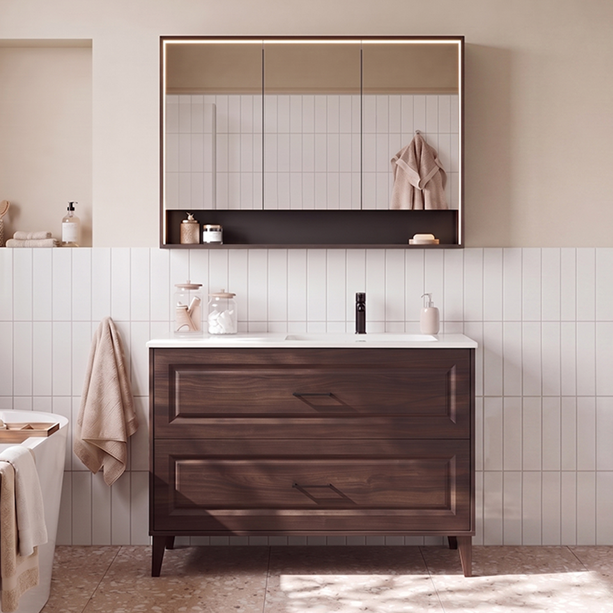 Ensemble meuble simple vasque encastrée droite 120cm et armoire miroir Moka Bois foncé