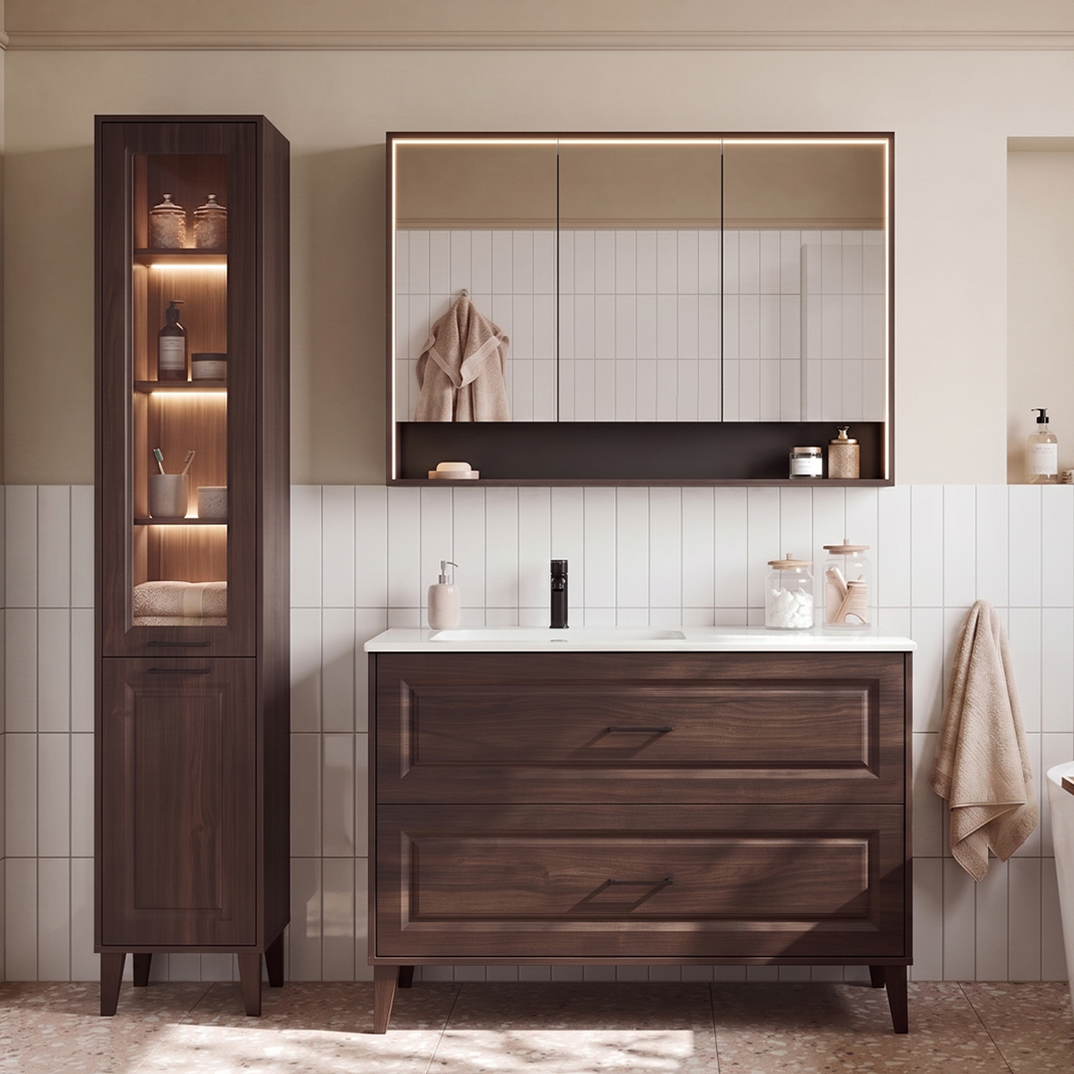 Ensemble meuble simple vasque encastrée gauche 120cm colonne et armoire miroir Moka Bois foncé