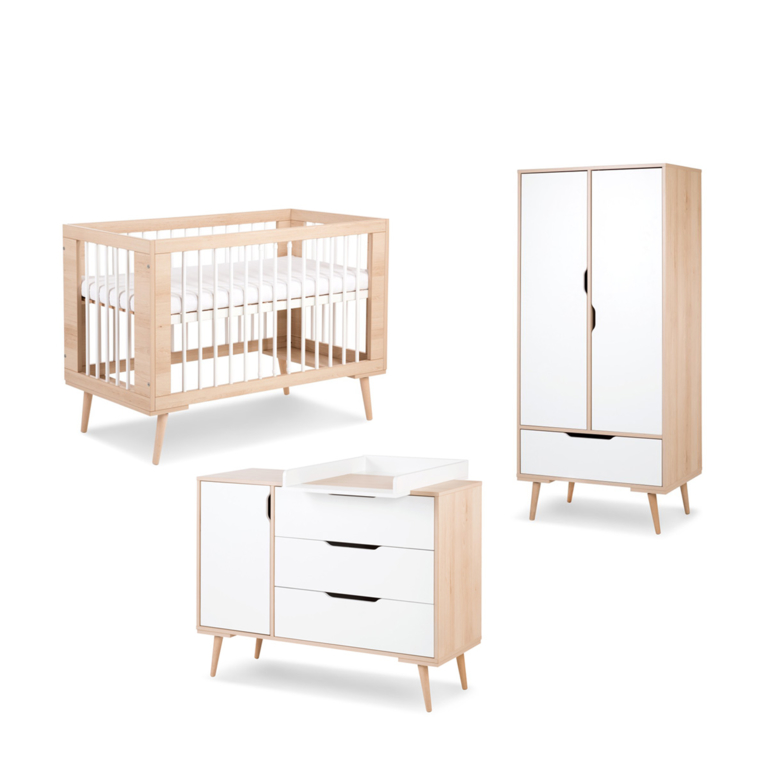 Chambre complète lit bébé - commode à langer - armoire LittleSky by Klups Sofie Hêtre et blanc
