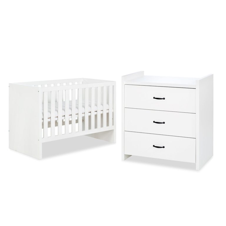 Commode blanche et hêtre avec plan à langer pour chambre bébé Sofie