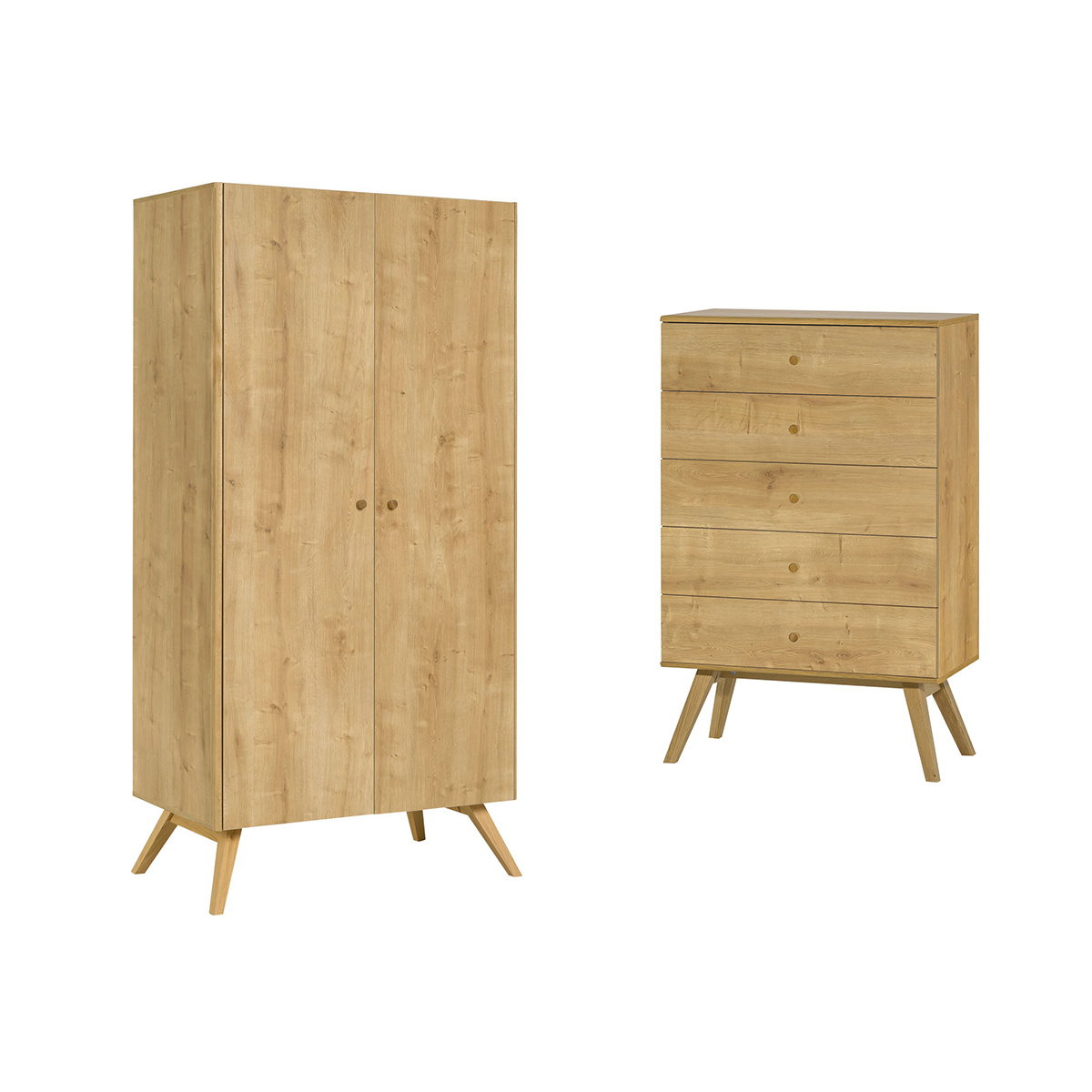 Commode 5 tiroirs et armoire 2 portes Vox Nature Bois