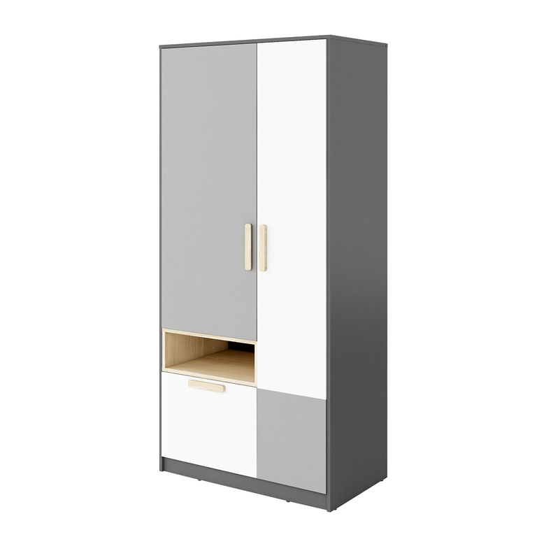 Armoire 2 portes 1 tiroir Tony Gris et Blanc Junior / Adultes/Armoire