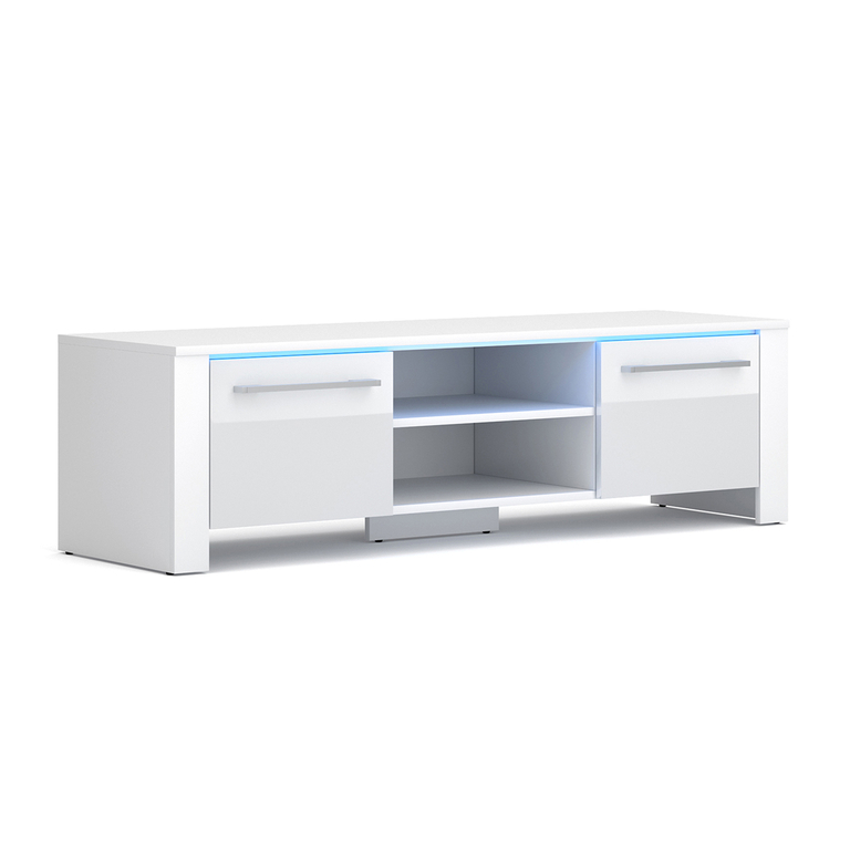 Meuble TV 140 Cm SOLVEIG - Placards, étagères En Verre, éclairage LED Réglable - Blanc Laqué - Design Moderne