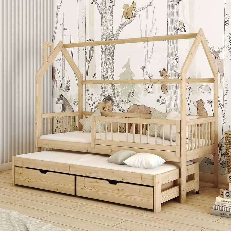 Lit Superposé Enfant 90x200cm Avec Lit Gigogne - Design Maison, échelle Avec Rangement, Barrière Sécurité - Bois Massif - 10