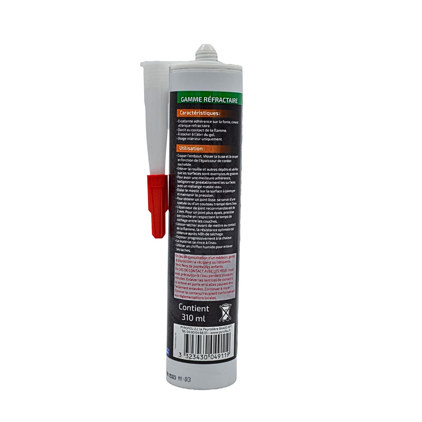 Mastic réfractaire hautes températures - tube 310ml dos