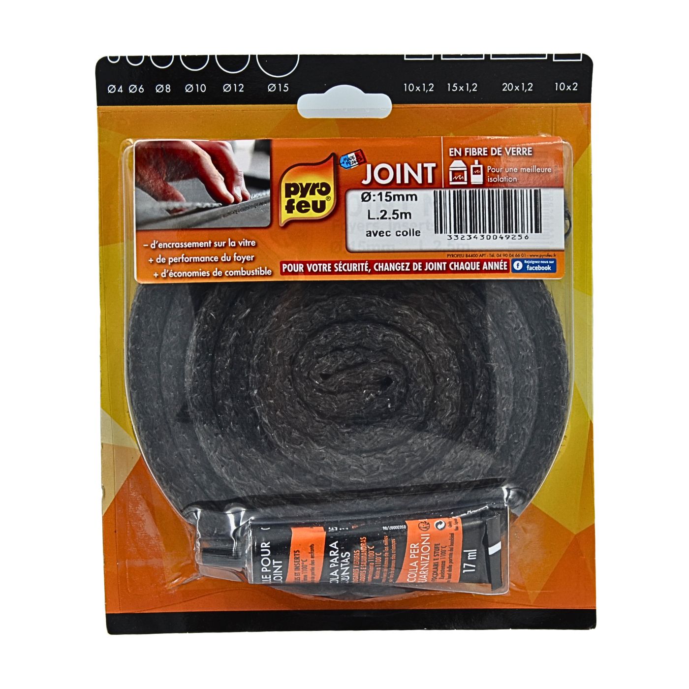 Joint rond détanchéité porte poêle, insert bois et granulé 15 mm