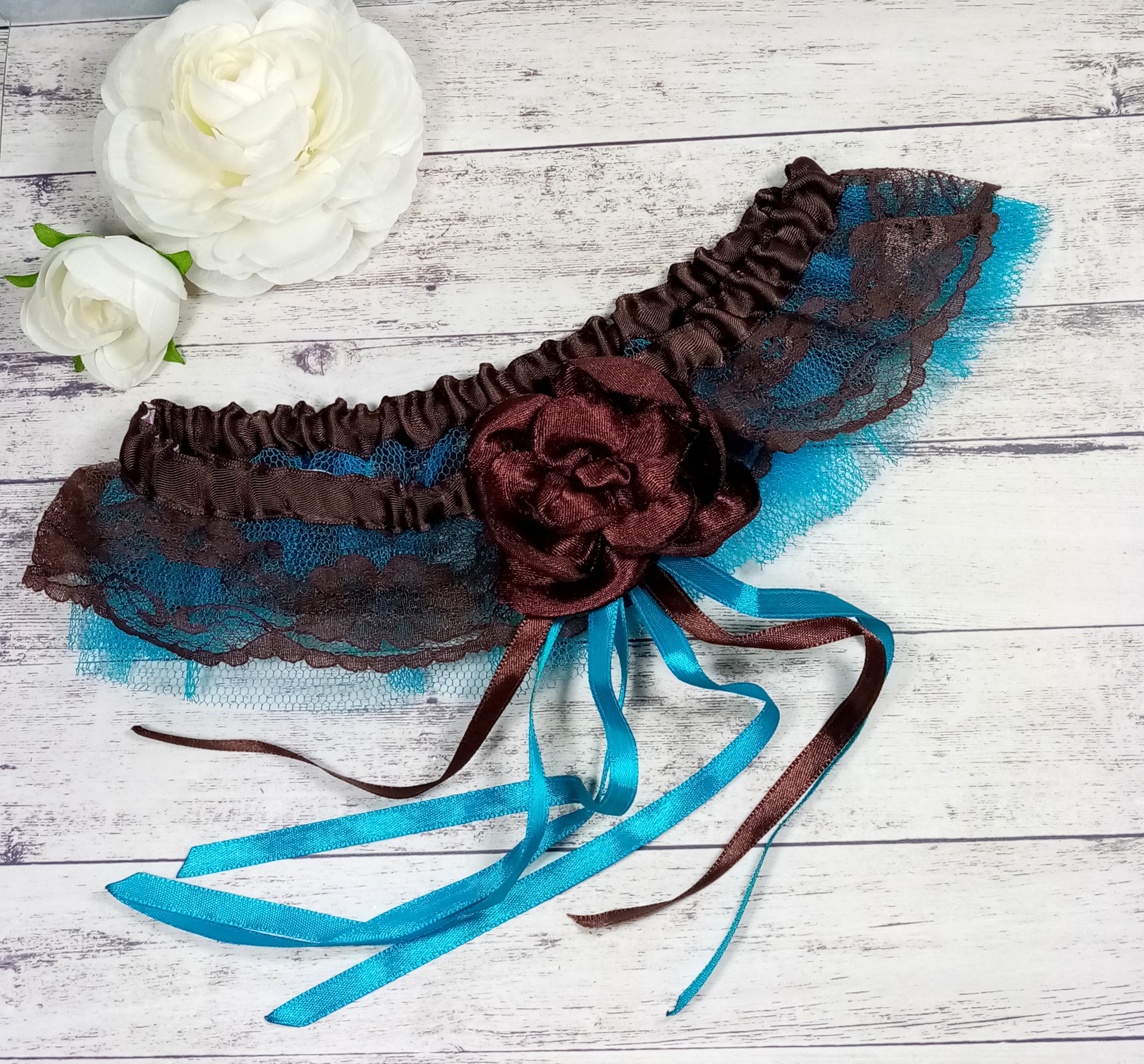 Jarretière de mariée dentelle mariage chocolat turquoise personnalisé fait main