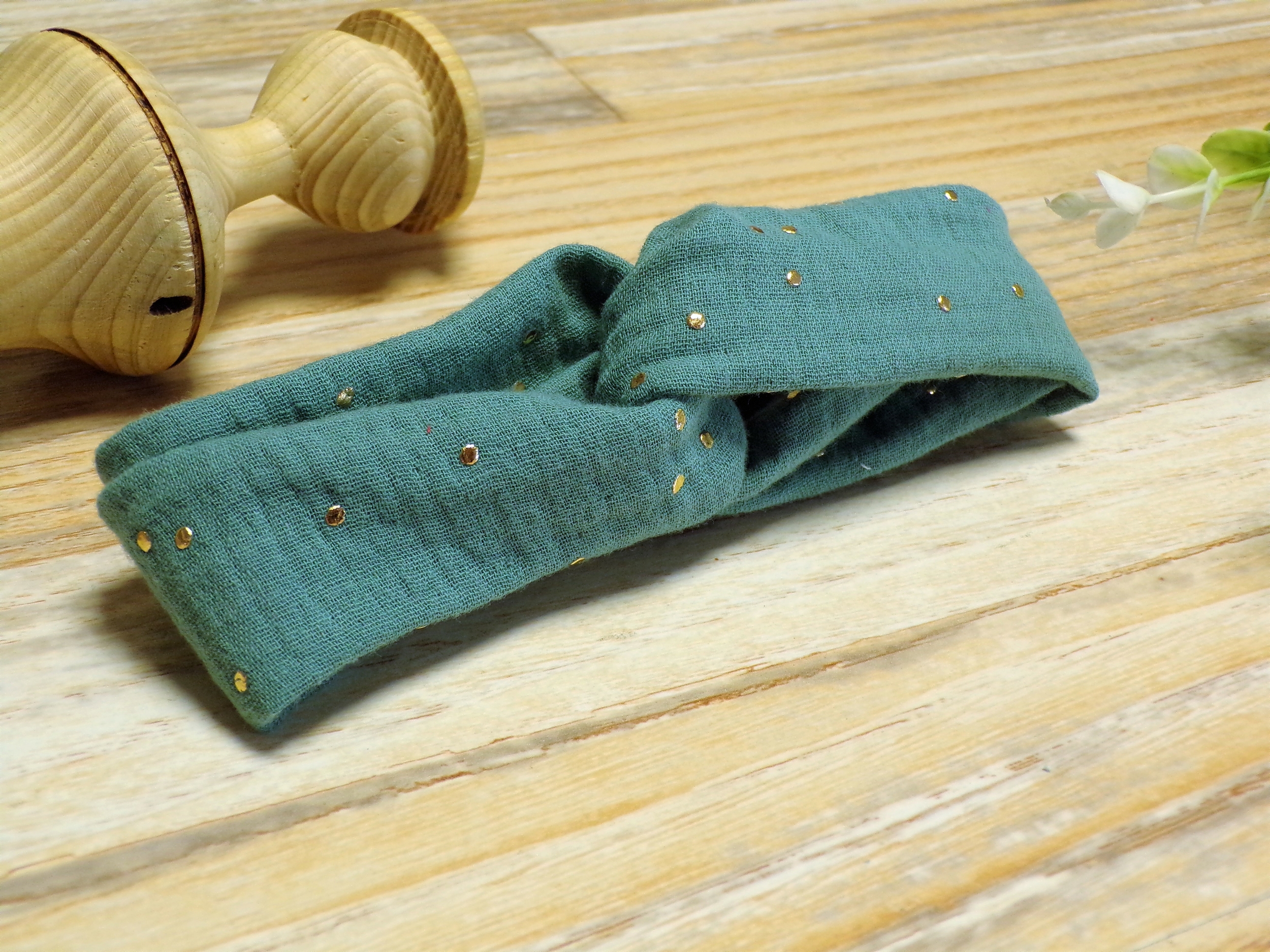 headband bébé fille vert eucalyptus doré fait main