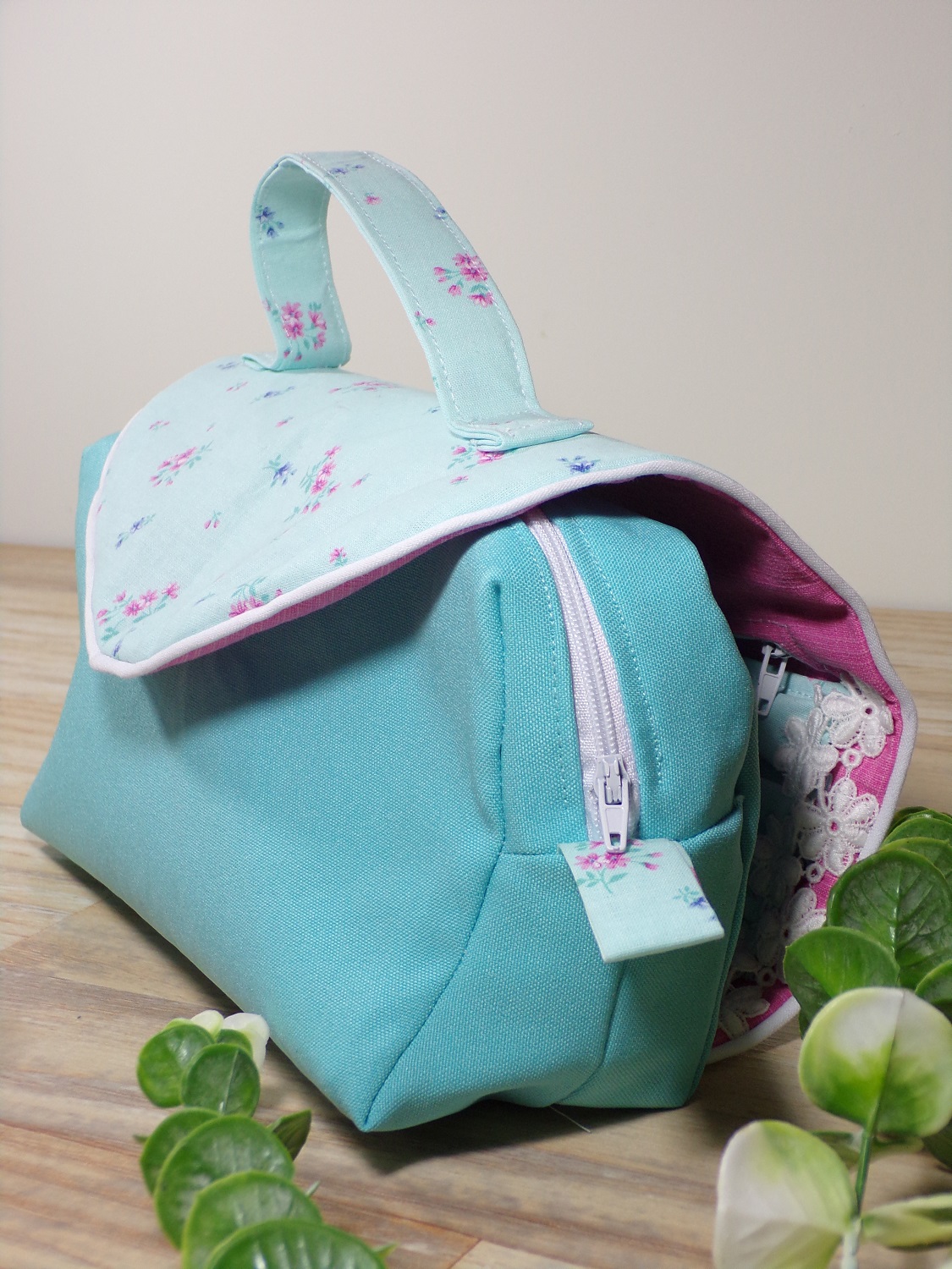 trousse make up turquoise rangement pinceaux fait main