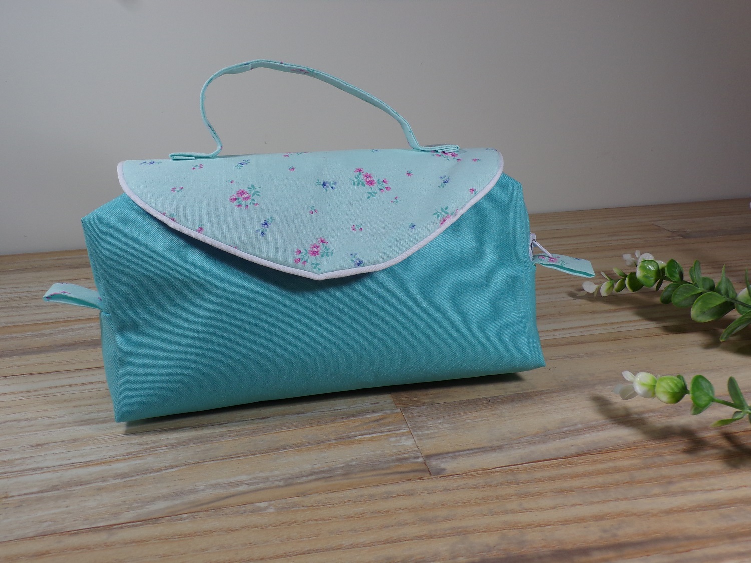 trousse toilette maquillage compartiments turquoise fait main