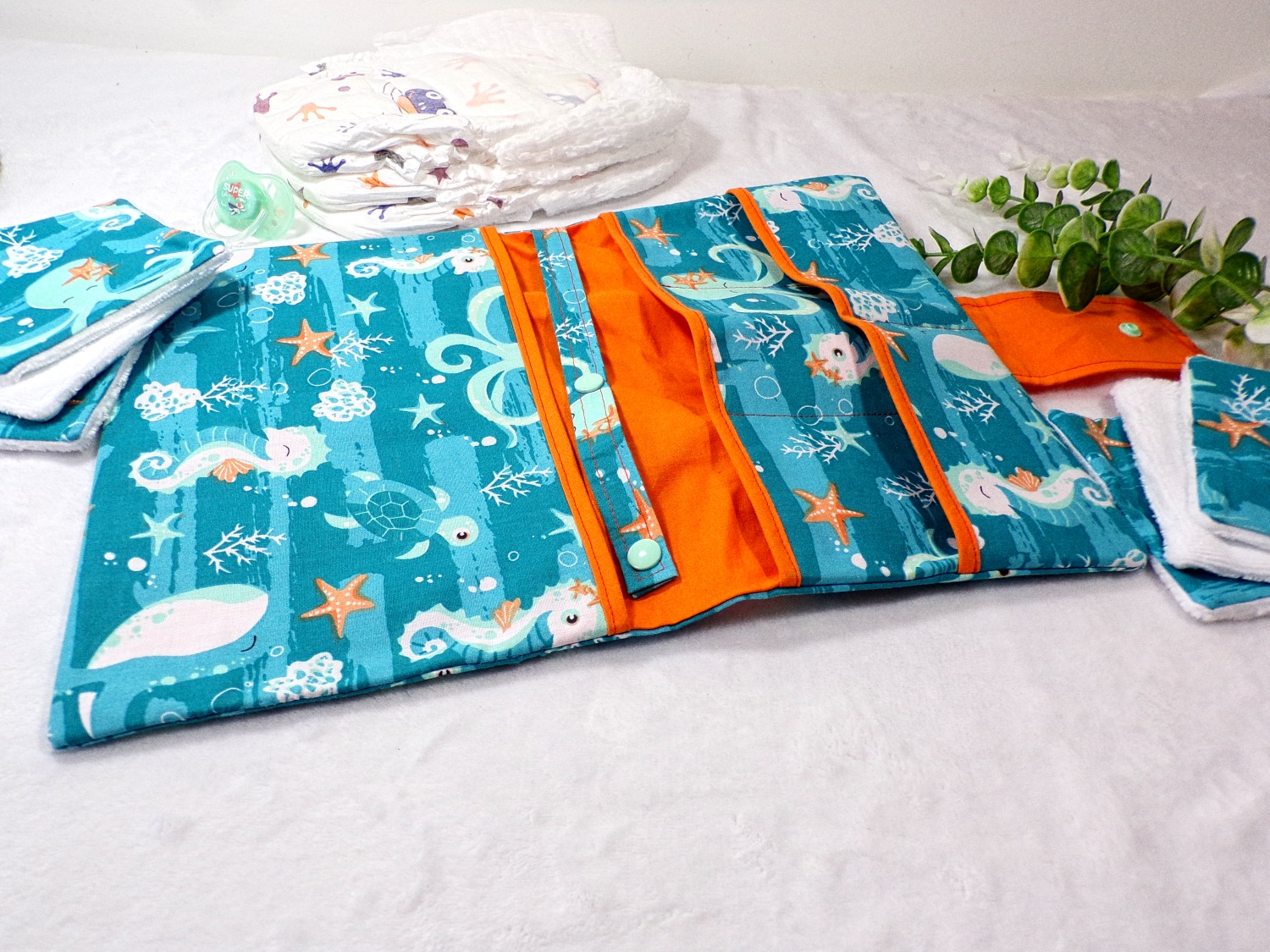 pochette couche langer lingettes lavables pieuvre tortue hippocampe