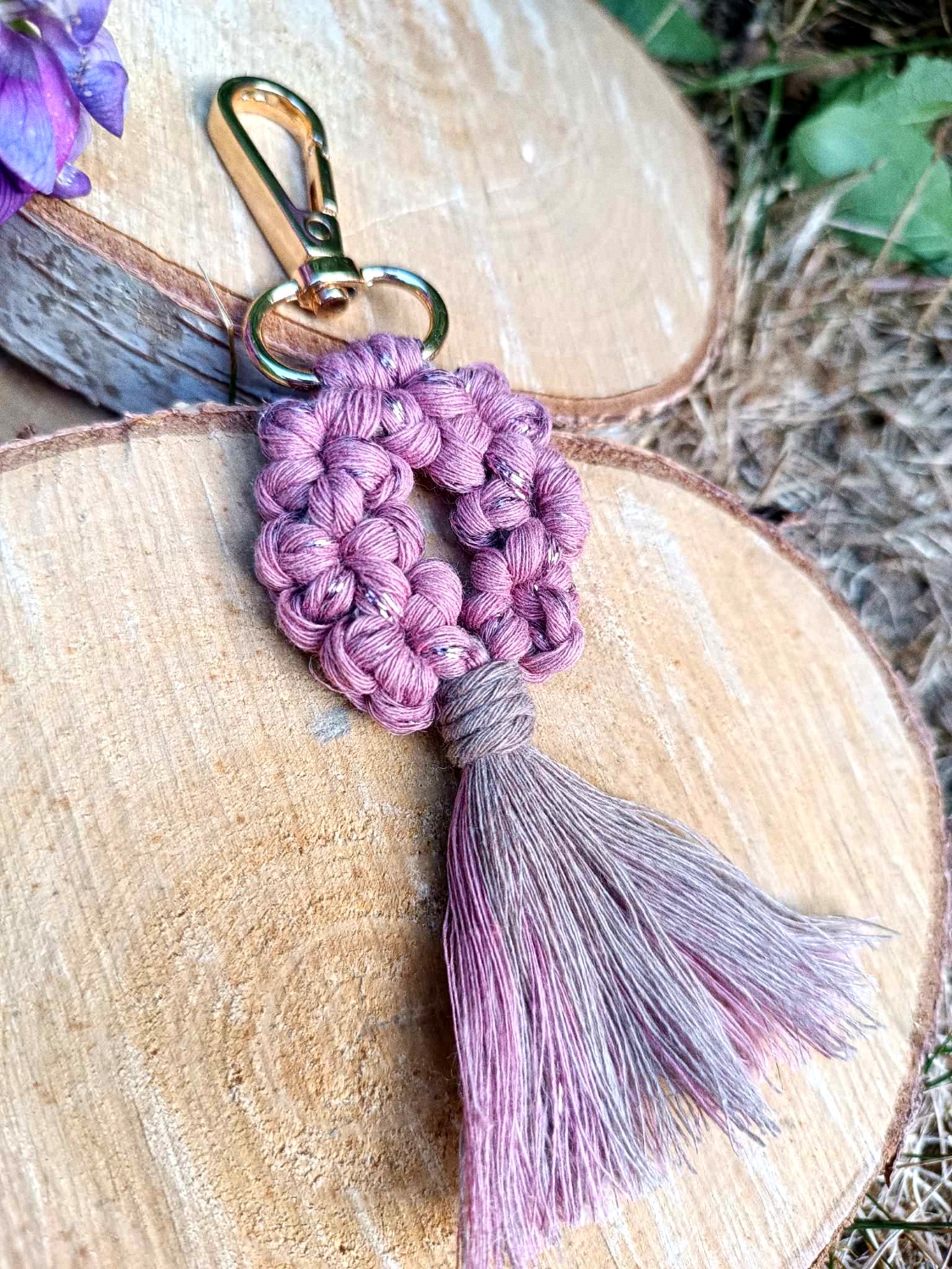 porte clef macramé rose doré bijou de sac