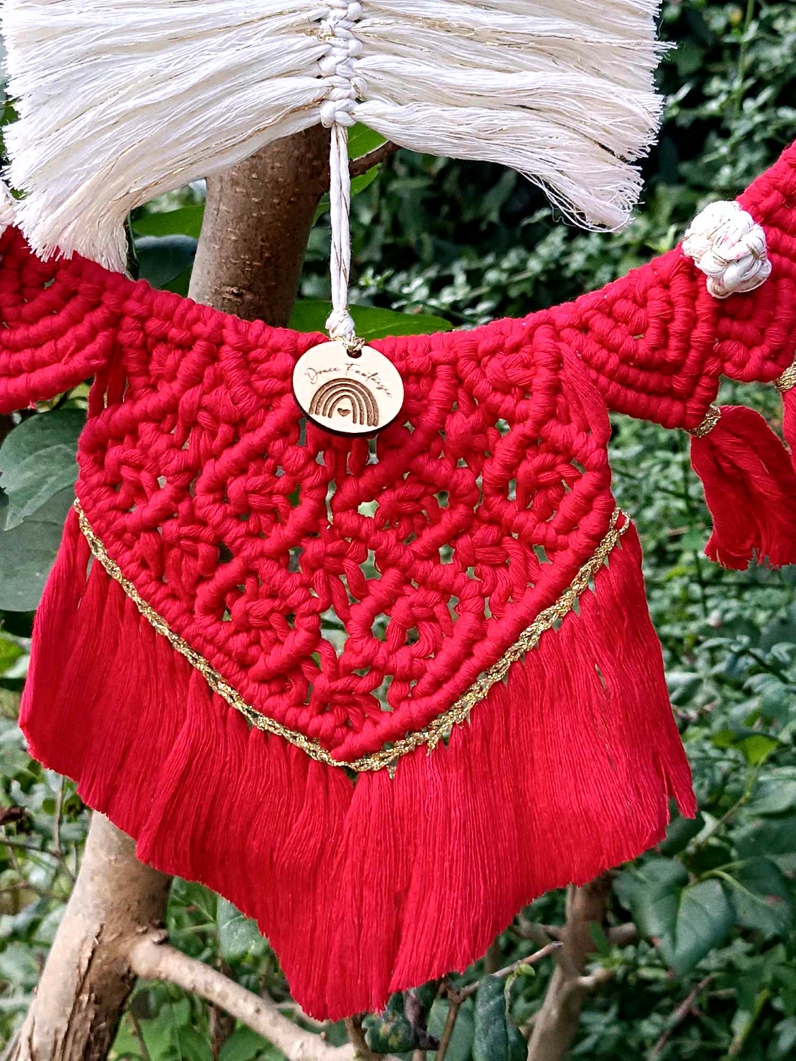 decoration noel boheme couronne  sapin rouge or beige