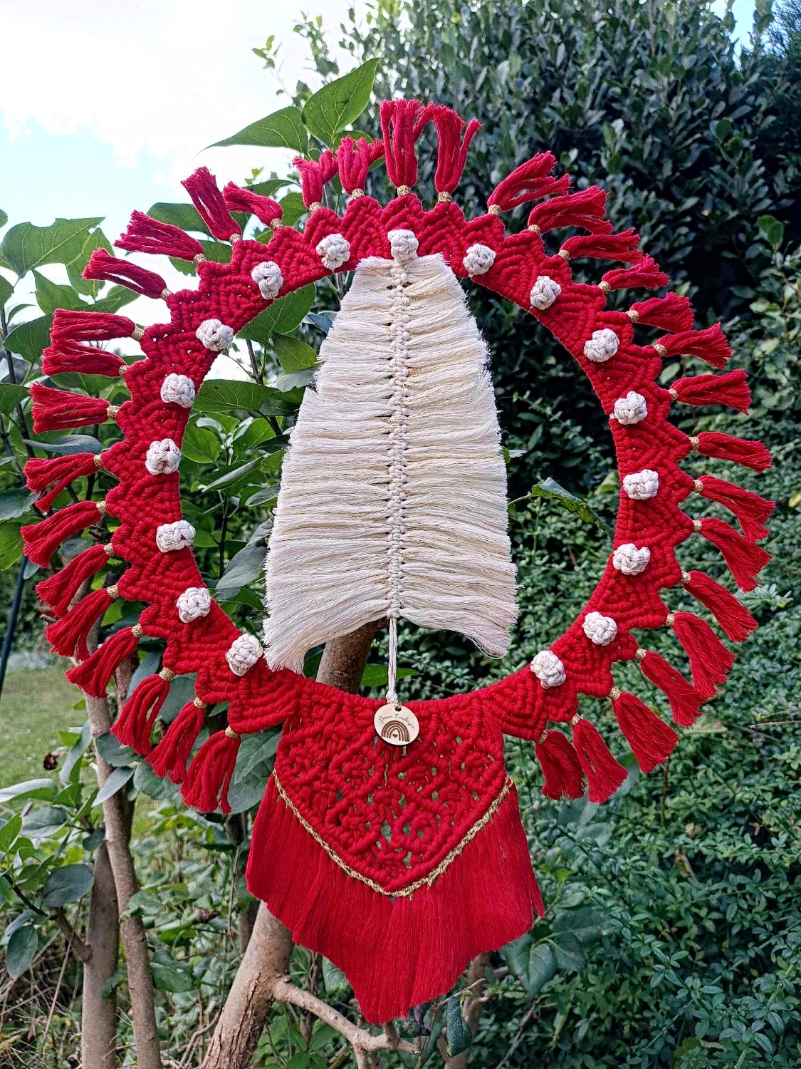 couronne de Noël bohème rouge doré macramé original
