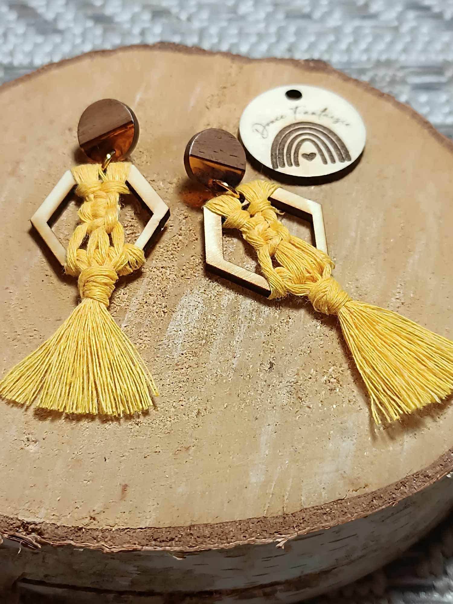bijoux macramé bois bohème moutarde