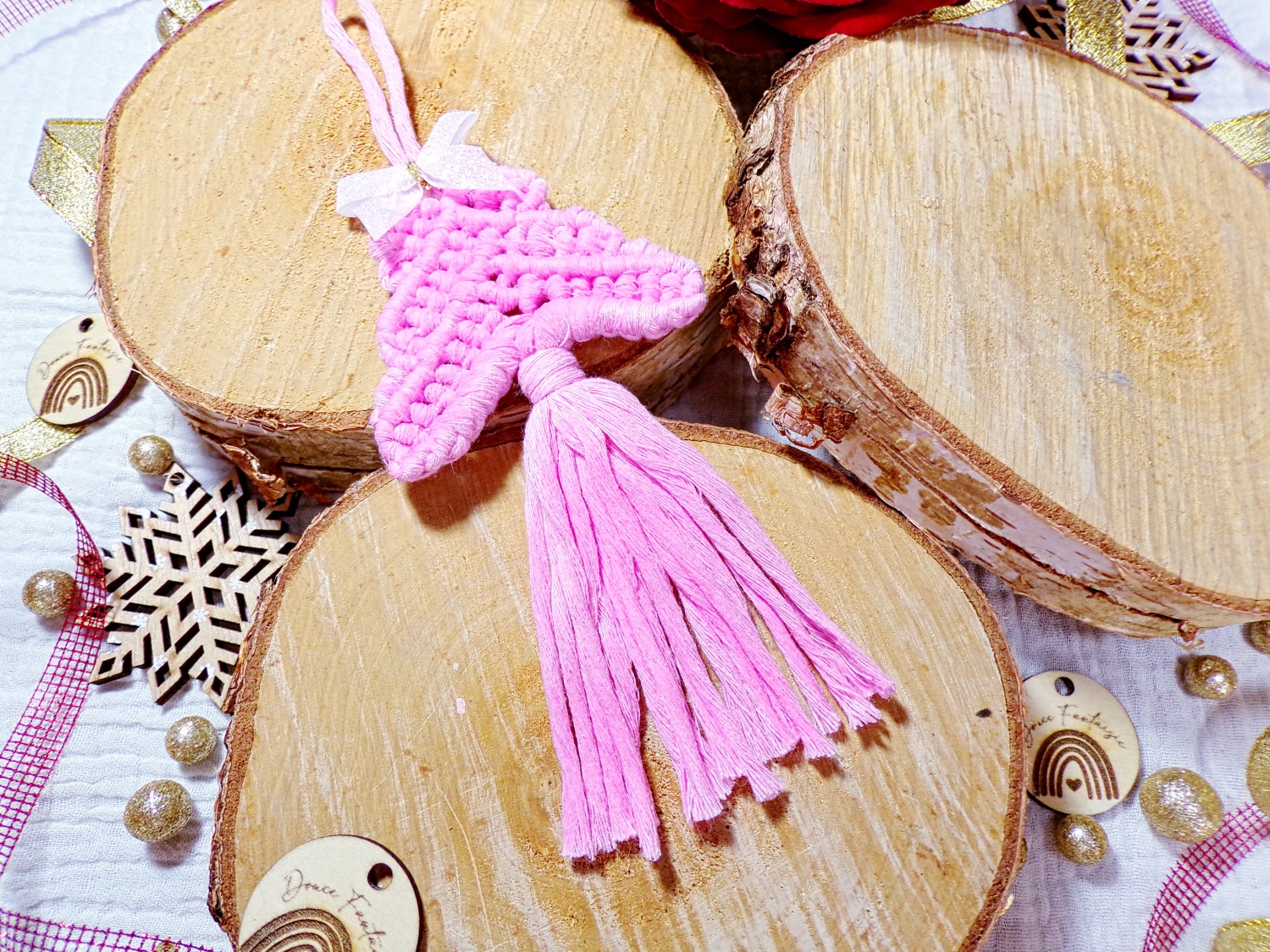 decoration noel rose sapin macramé fait main