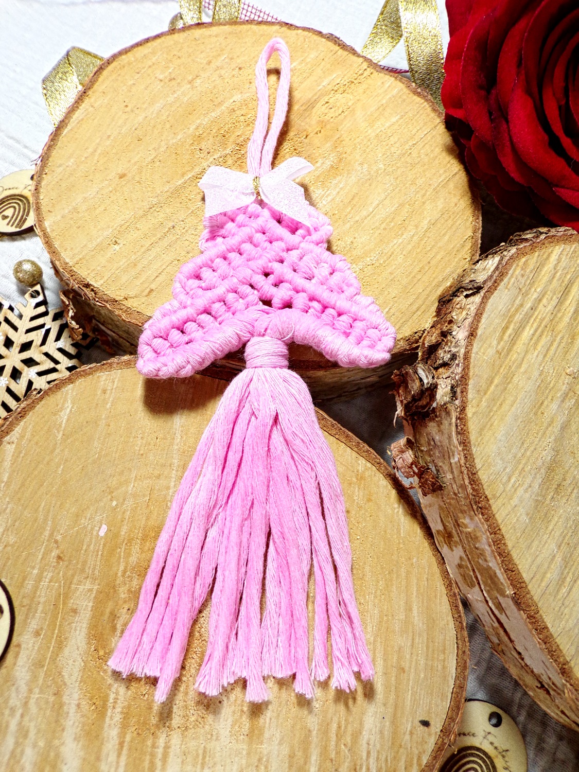 decoration sapin noël rose macramé fait main bohème