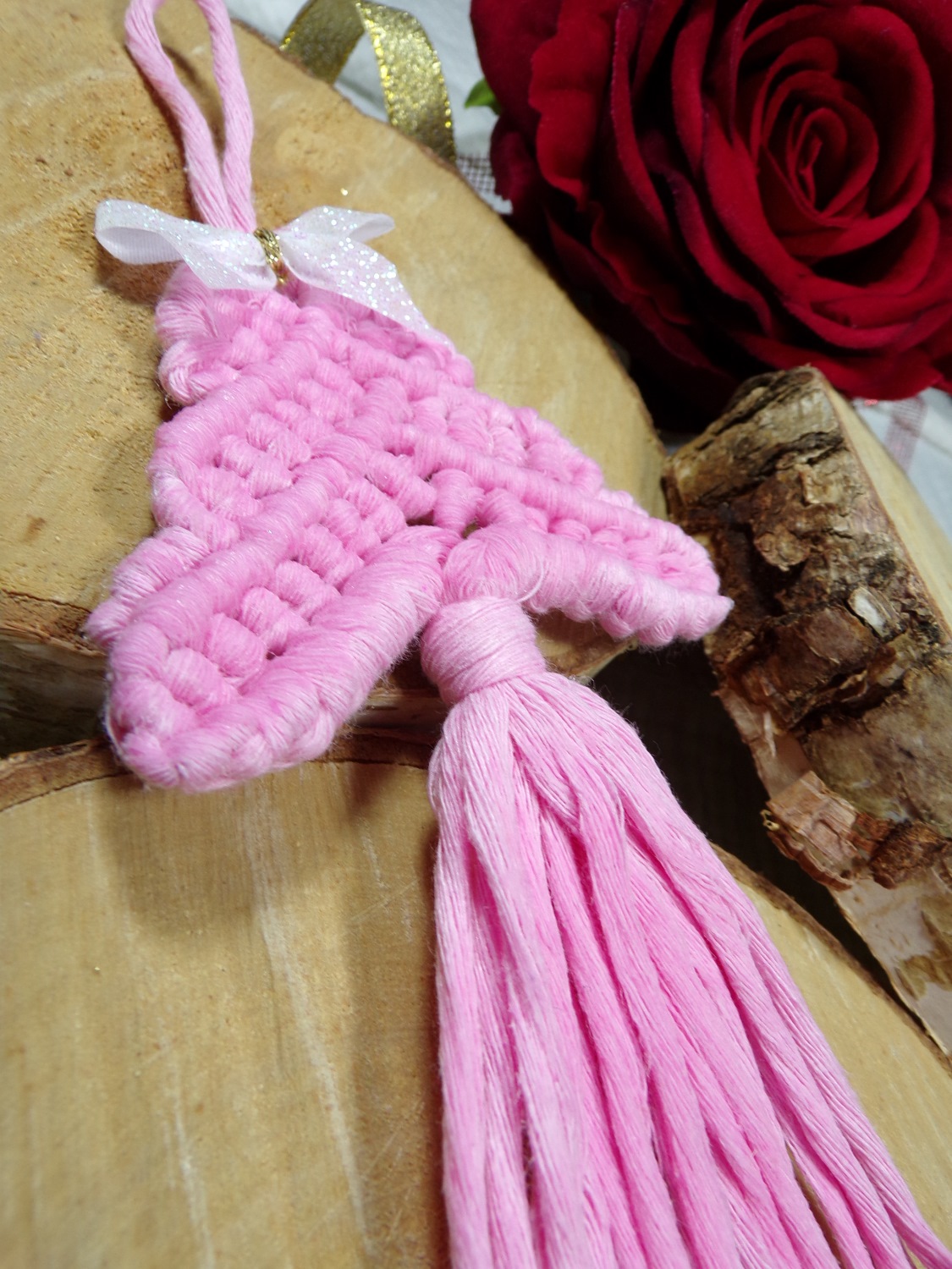 ornement sapin de noel rose macramé fait main