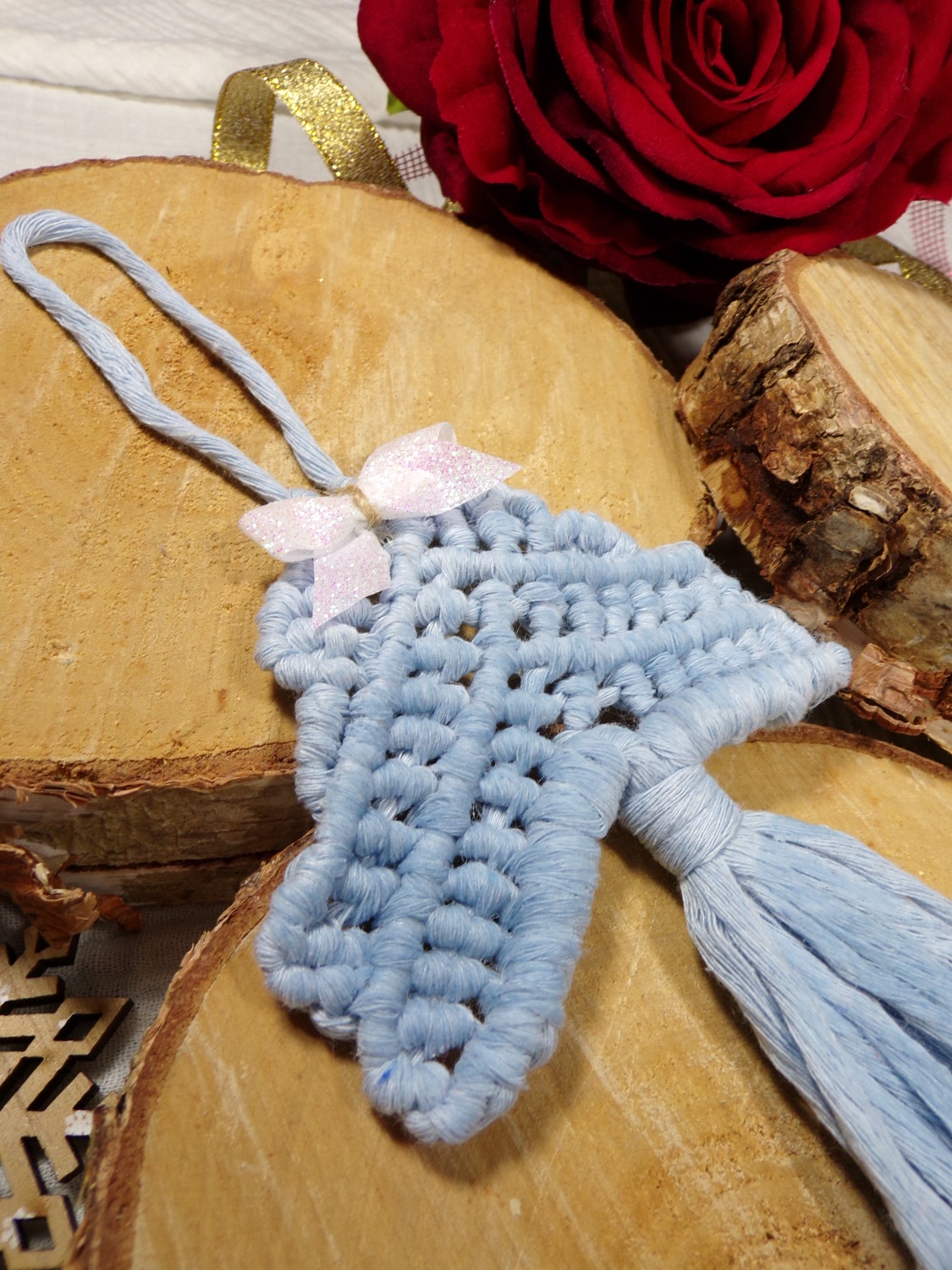 ornement noel bleu macramé sapin