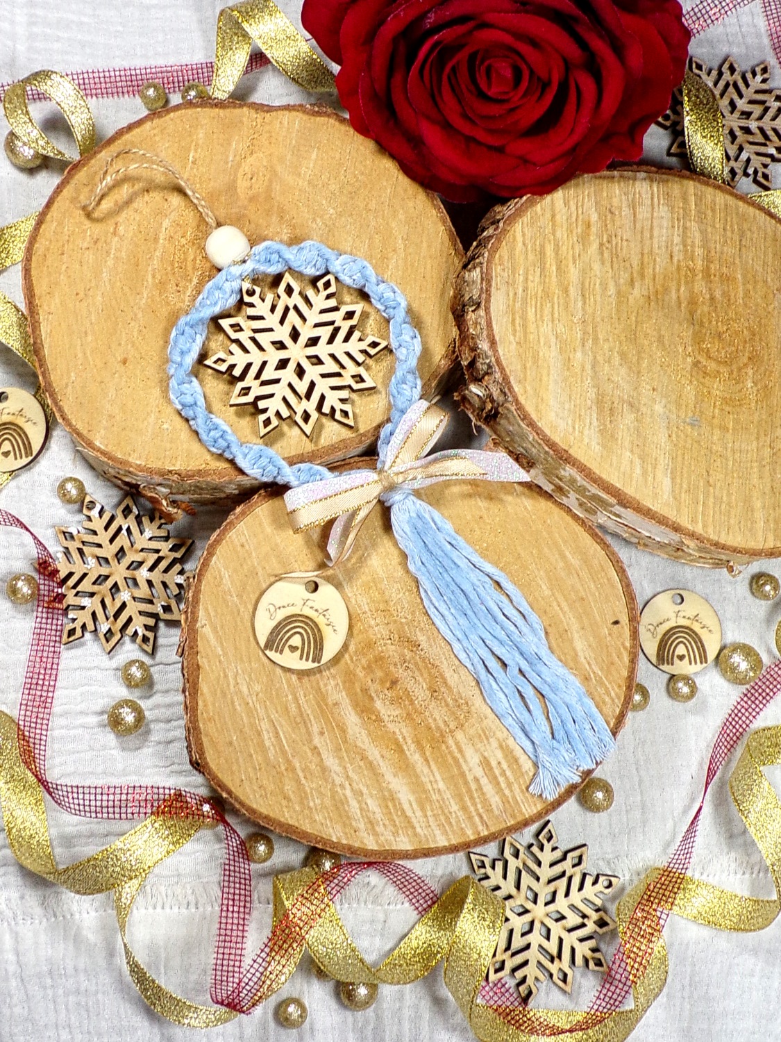 couronne noël bleu doré bois macramé bohème