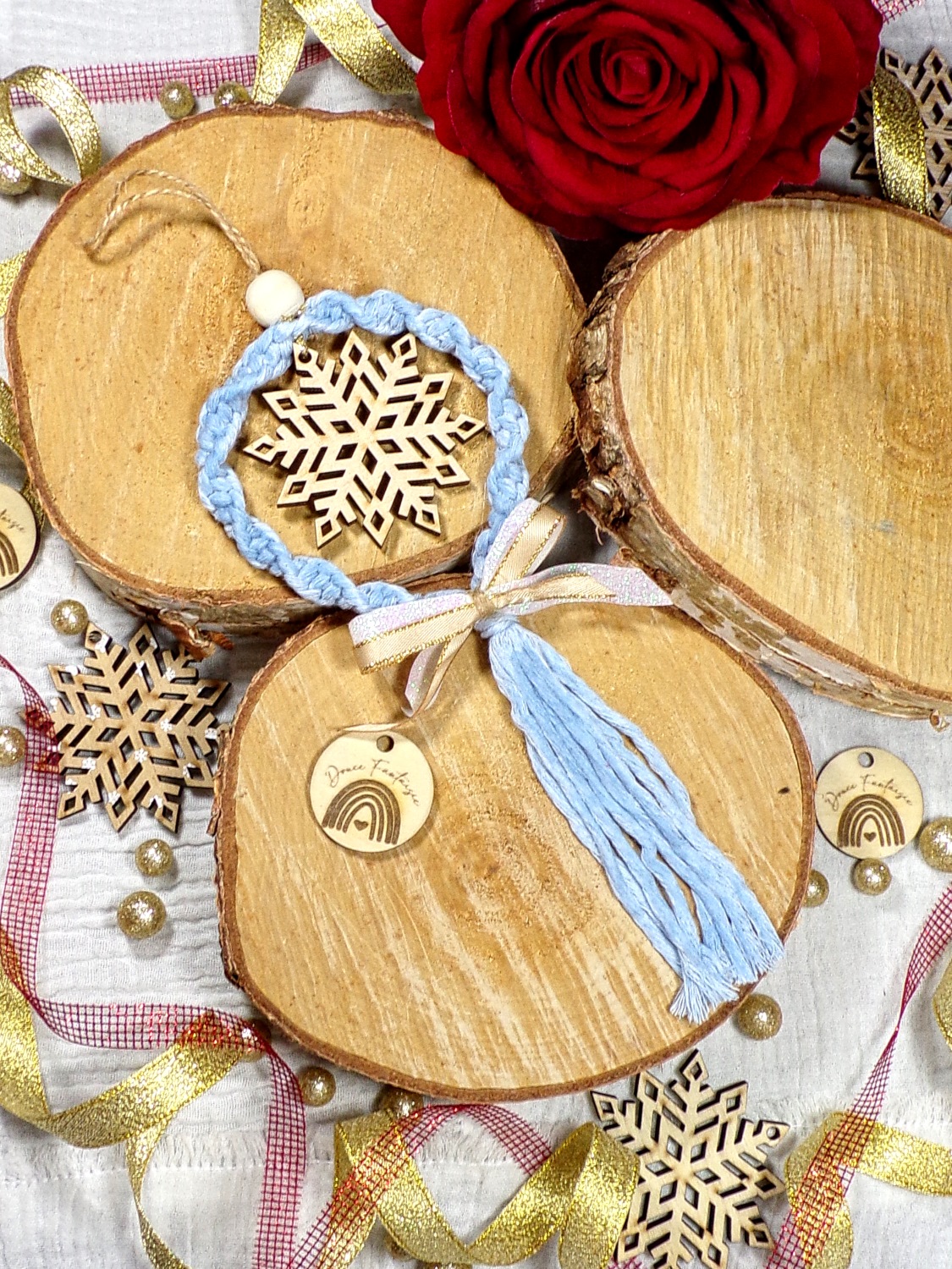décoration noël sapin couronne bleu doré bois macramé