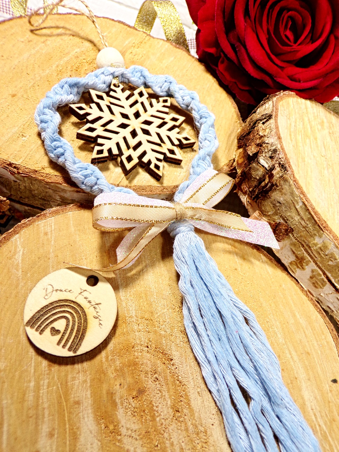 ornement sapin noël bleu bois macramé