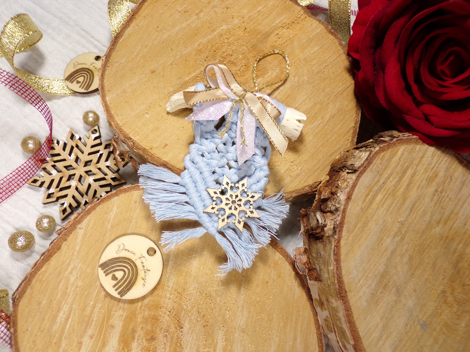 ornement noel mini macramé bleu pastel