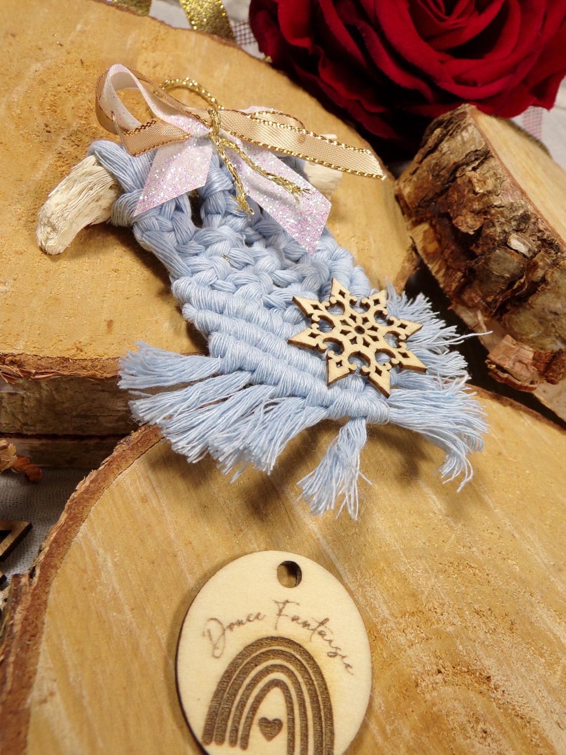 suspension macramé noël bohème bleu ciel
