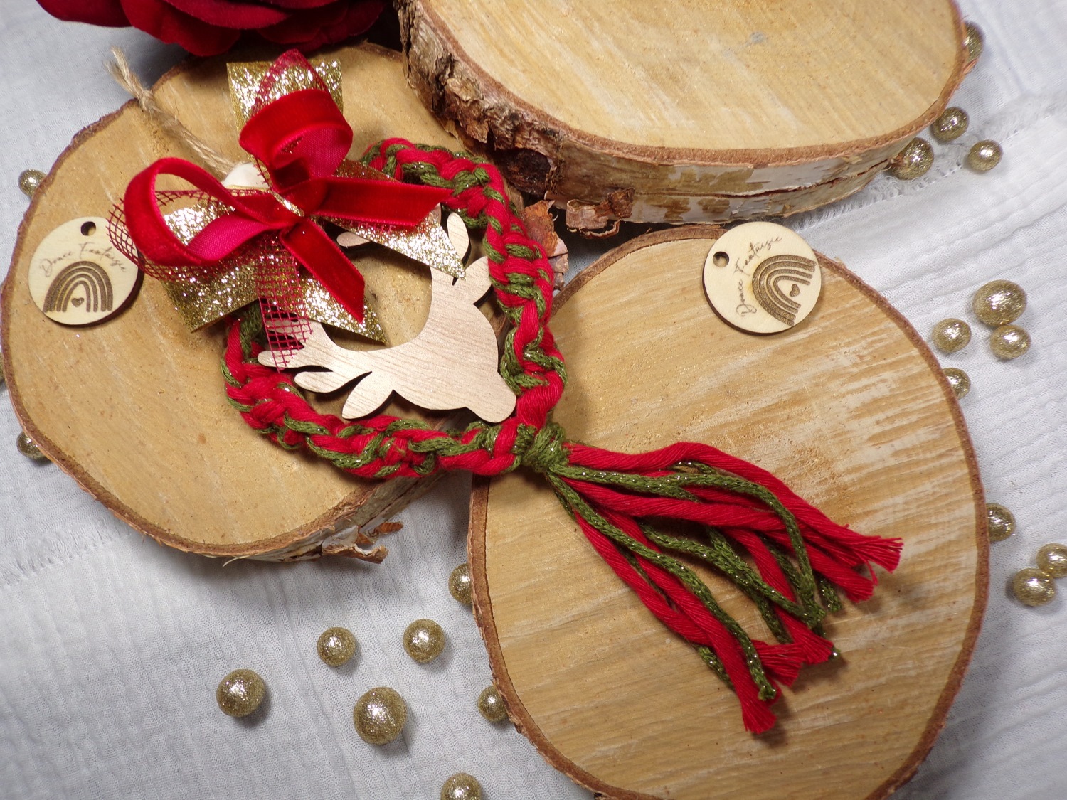 deco noel rouge vert bois macramé fait main