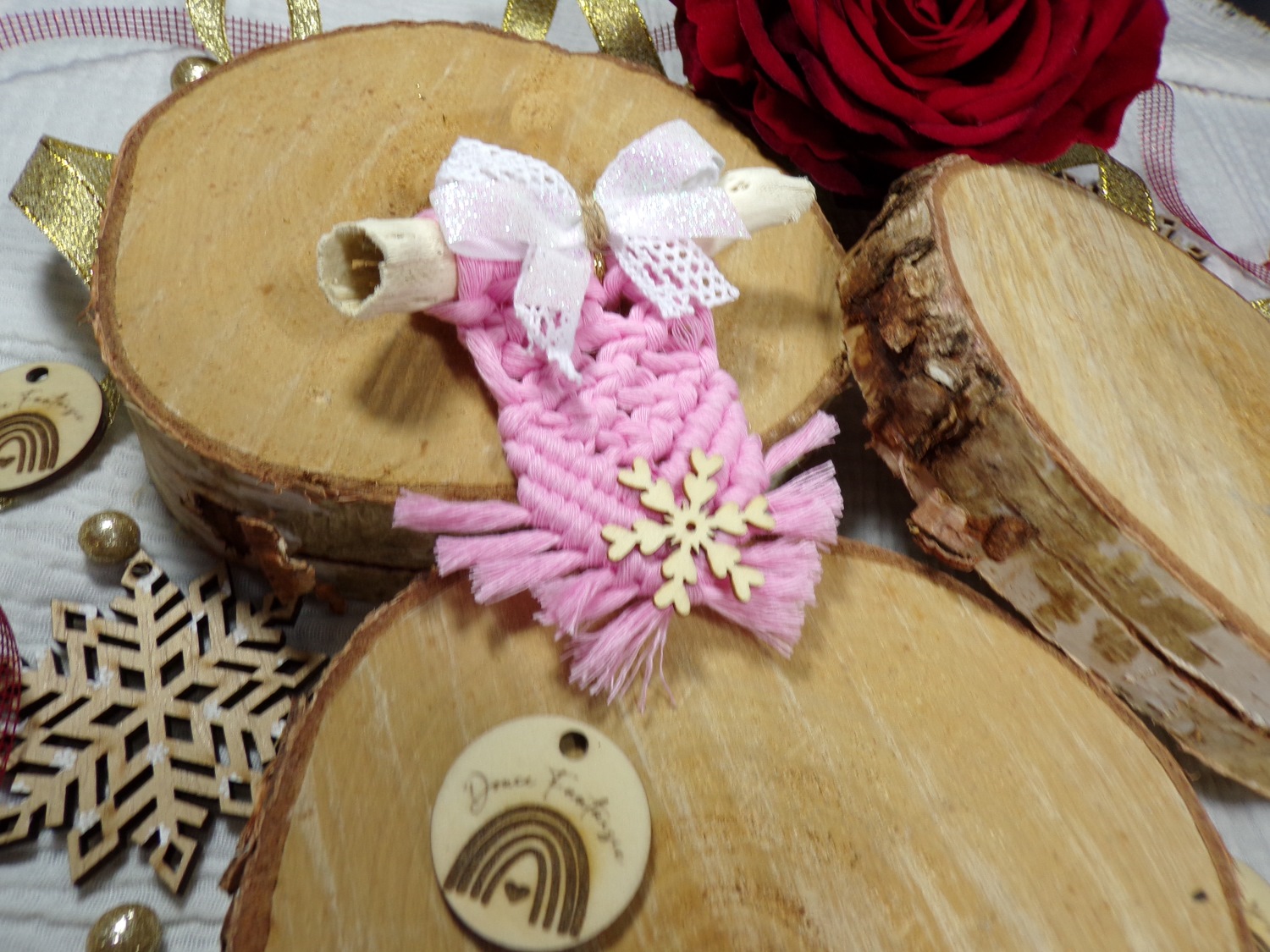 suspension macramé noel rose bois flotté