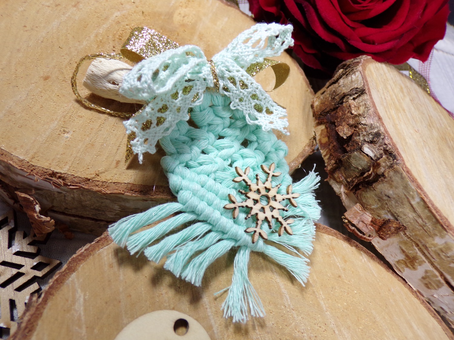 decoration noel mini macramé vert menthe bois flotté