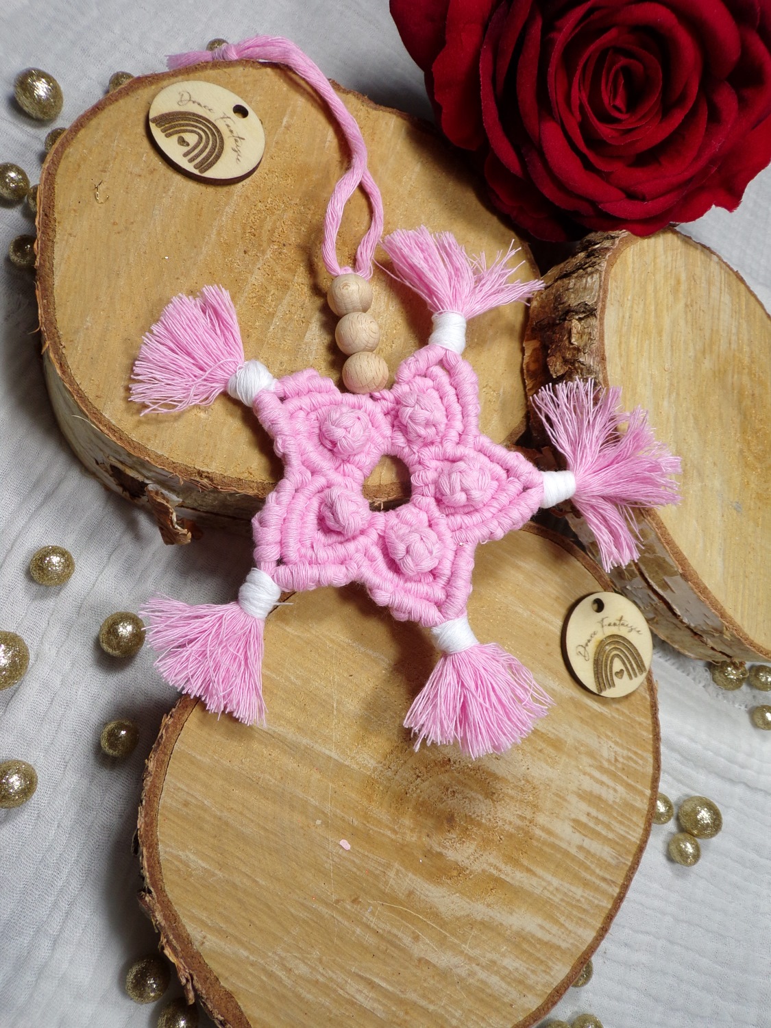 ornement noel etoile macramé rose pastel