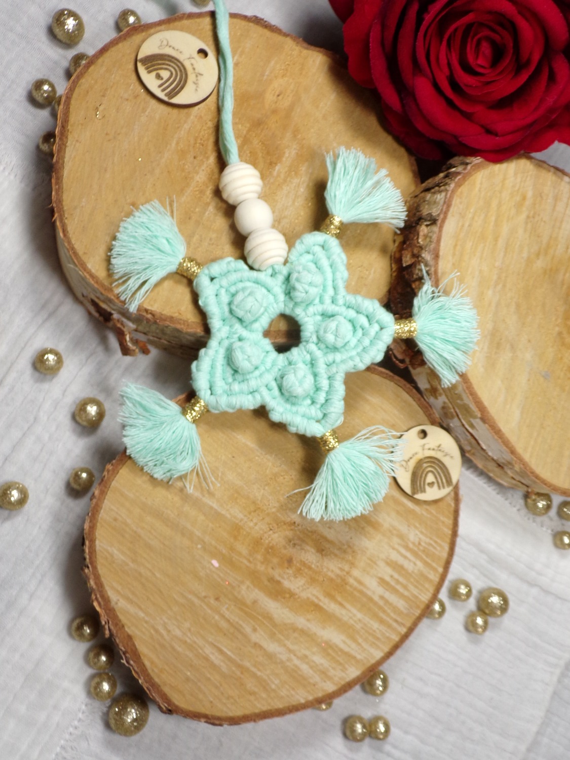 suspension macramé noel etoile vert pastel