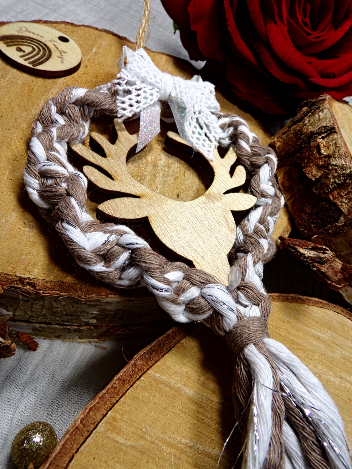 couronne noel cerf bois macramé