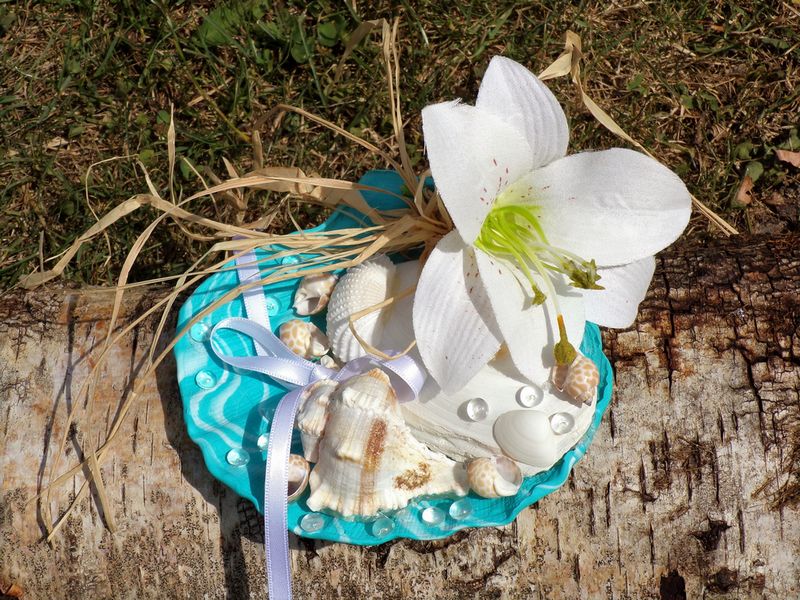 Porte alliances mariage coquillage fleurs turquoise blanc personnalisé