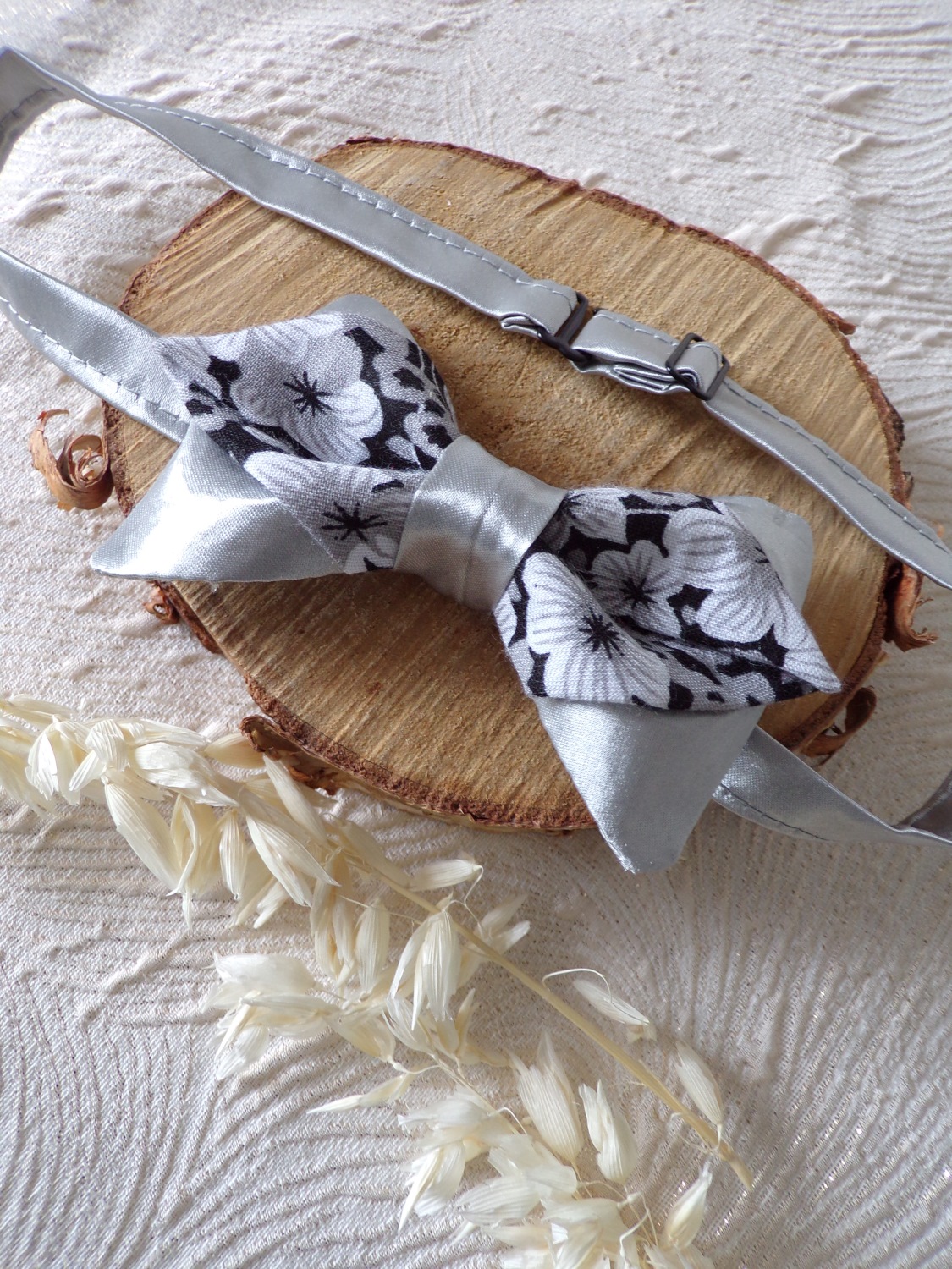noeud papillon satin fleurs noir cousu main