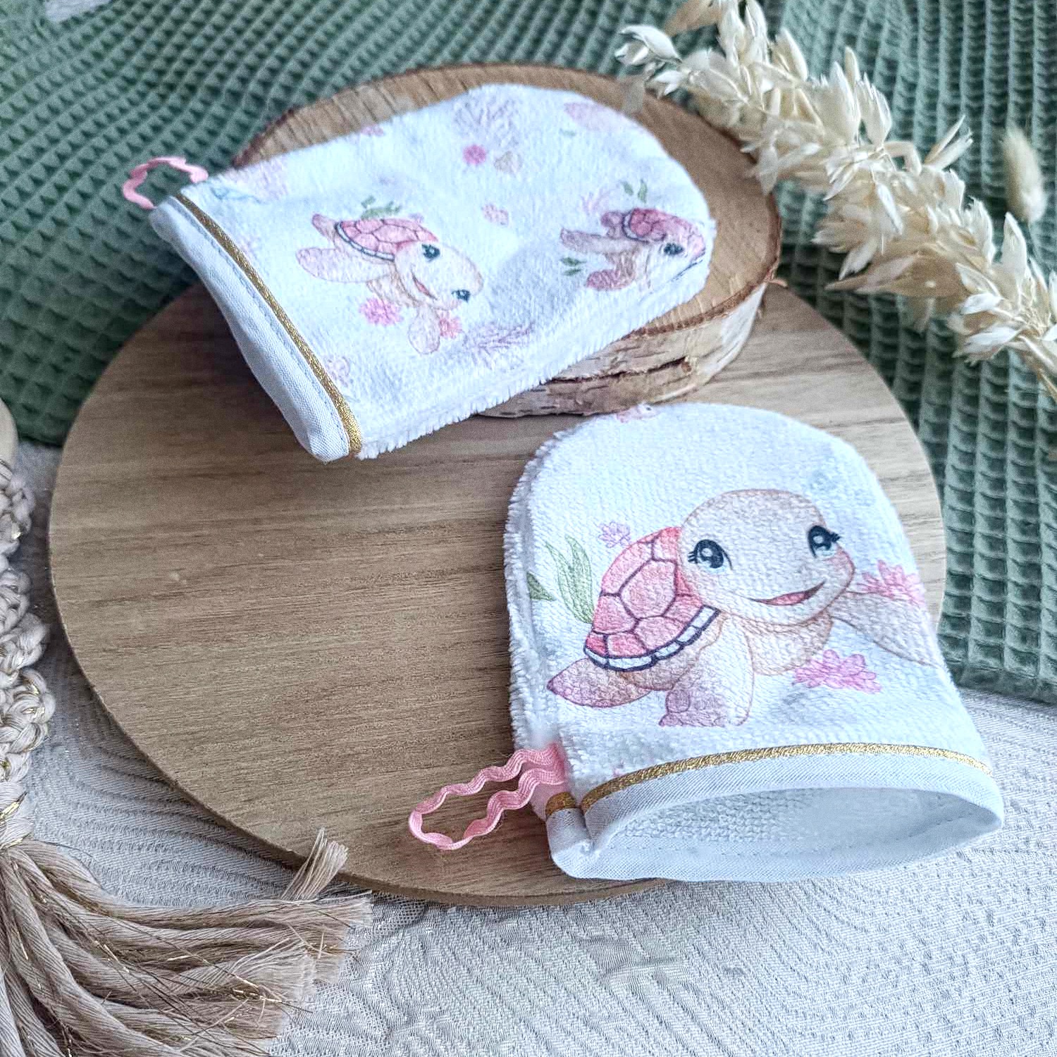 gants de toilette enfant tortue éponge bambou