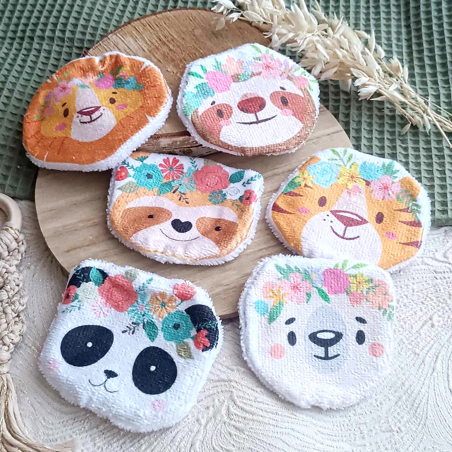 lingettes éponge bambou bébé animaux lavables réutilisables
