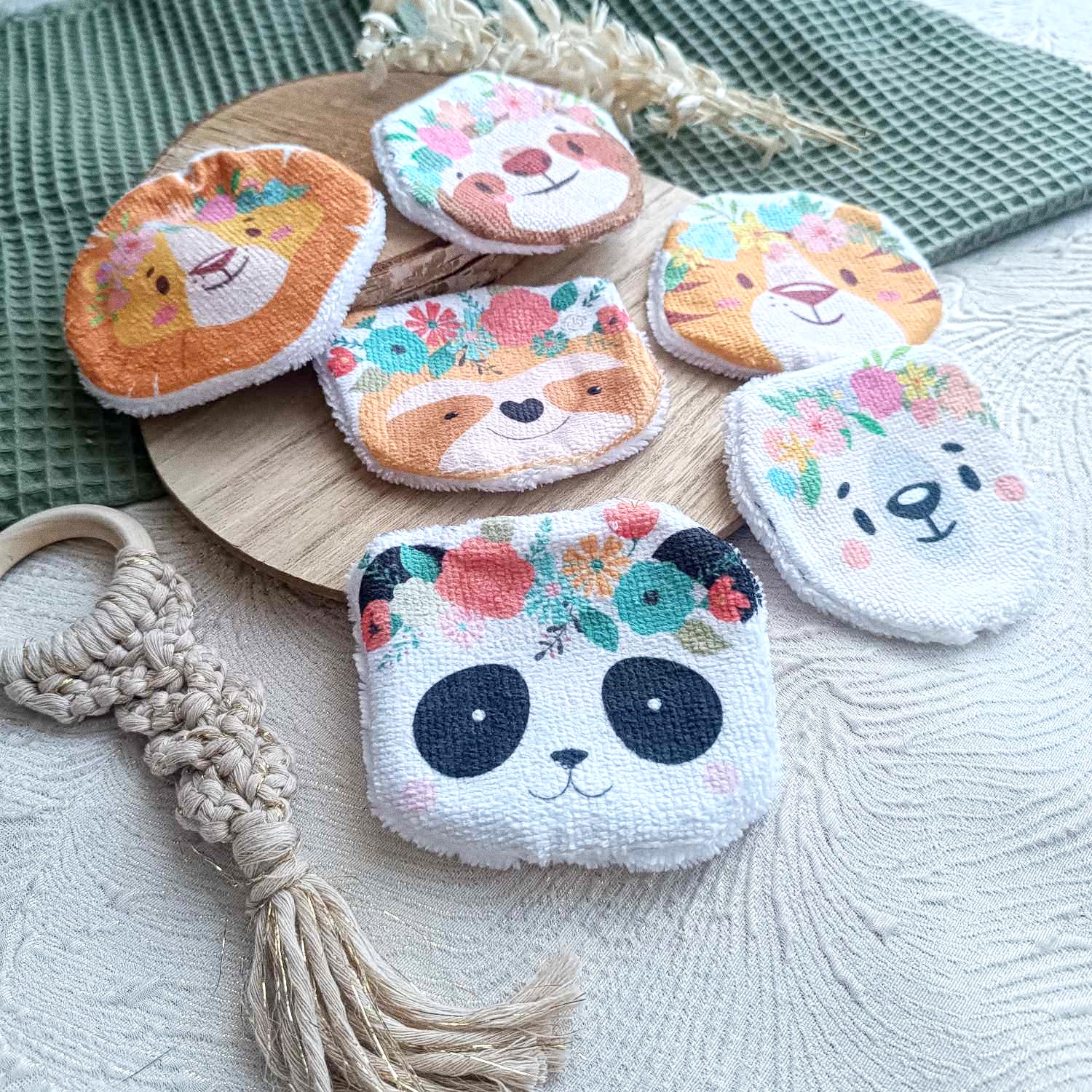 lingettes lavables réutilisables éponge bambou animaux