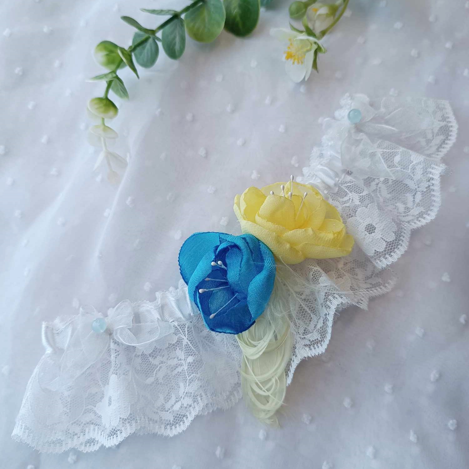 2 Jarretières De Mariée En Dentelle Florale Avec Perles - Jaune - Élastique Et Ajustable Pour Cuisse