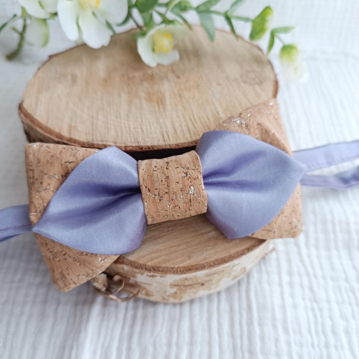 accessoire mariage homme boheme champetre liège satin mauve lilas