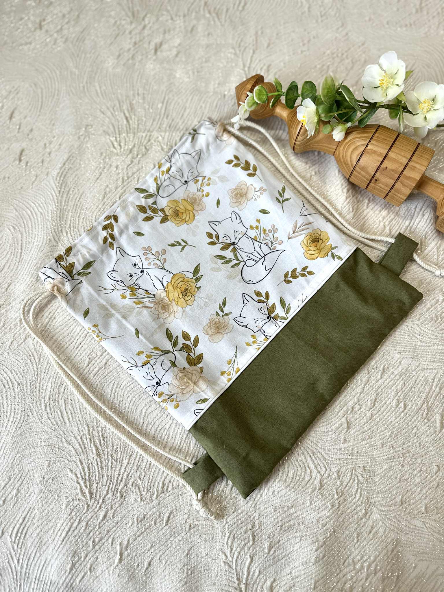 sac pochon enfant renard fleurs doucefantaisie fait main