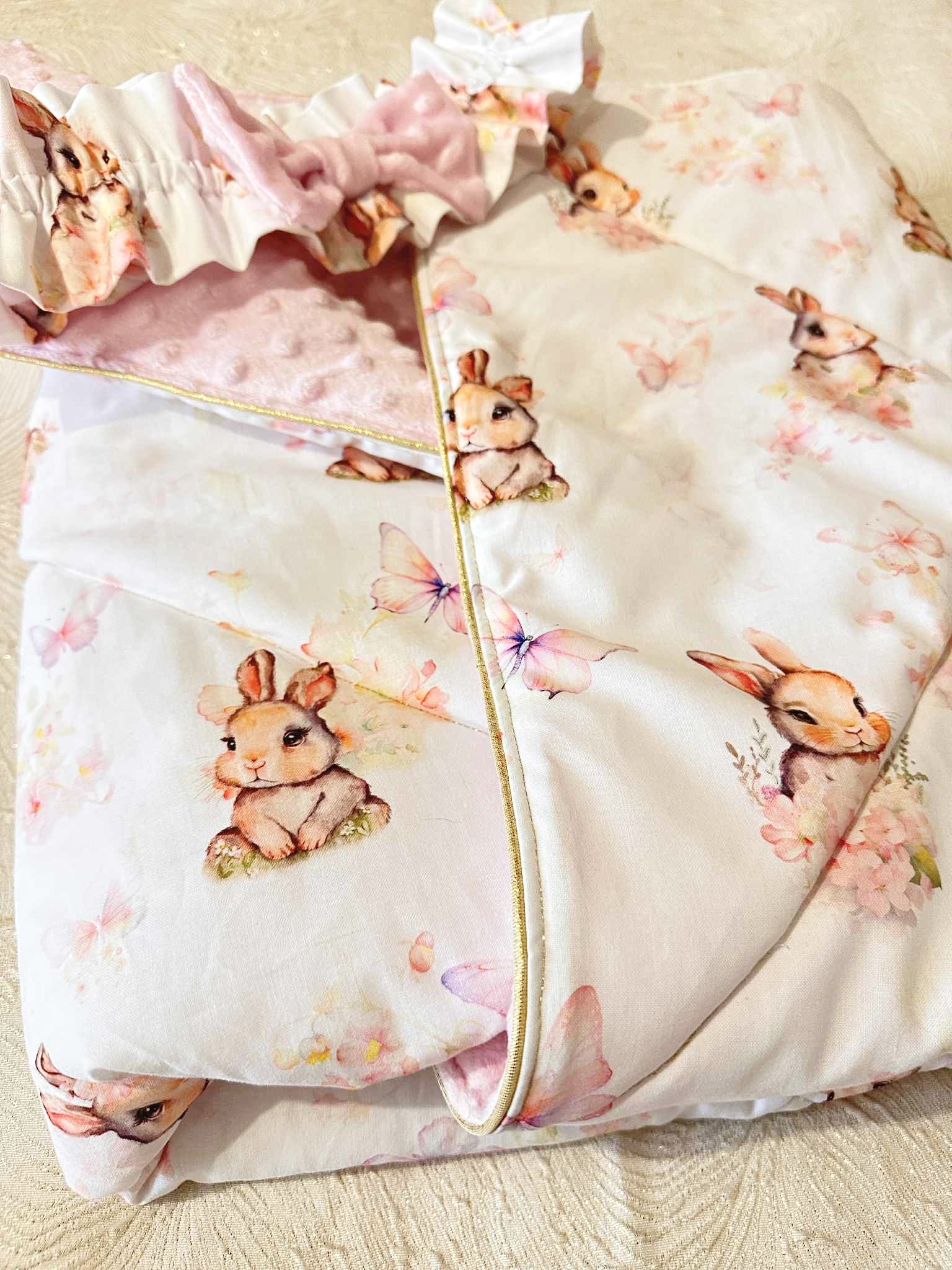 couverture bébé emmailloté naissance lapin rose made in france