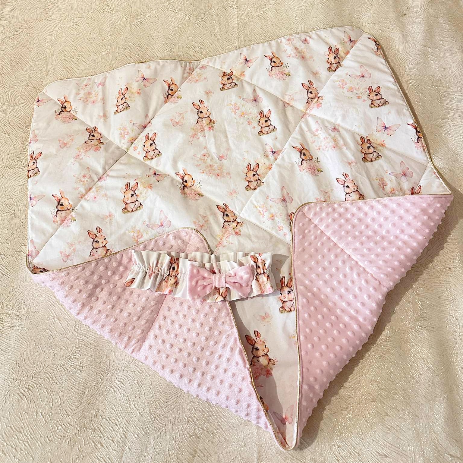 grande couverture emmaillotage molletonnée hiver cadeau naissance fille lapin rose