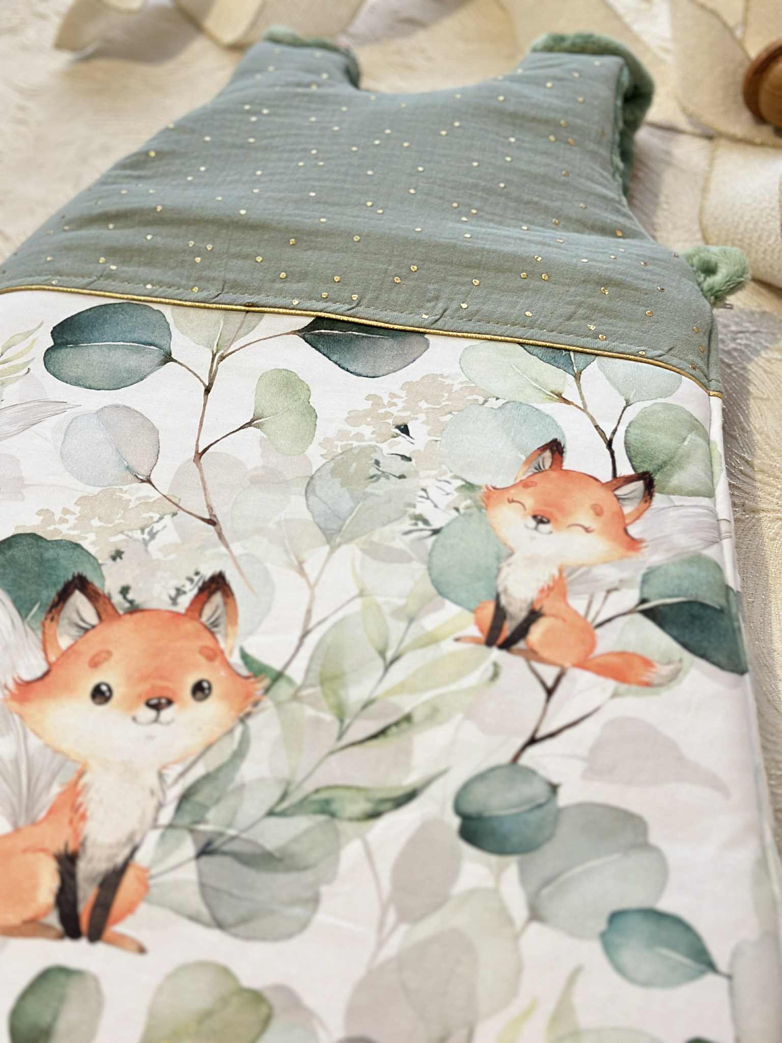 gigoteuse bébé hiver renard vert sauge